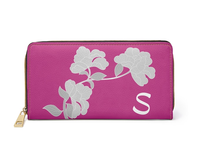 Magenta and White Womens Floral Wallet, Personalized with your Initial, Zippered Wallet, Initial S