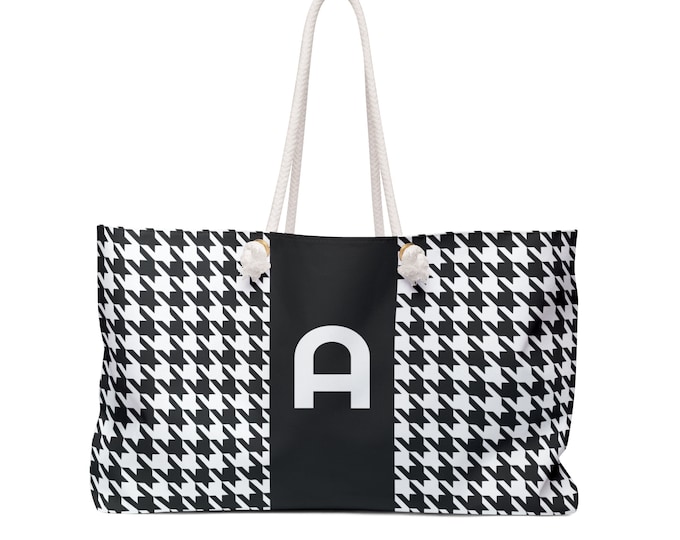 Black, and White with Black P Inital, Womens Weekender Tote Bag, Personalized Handbag