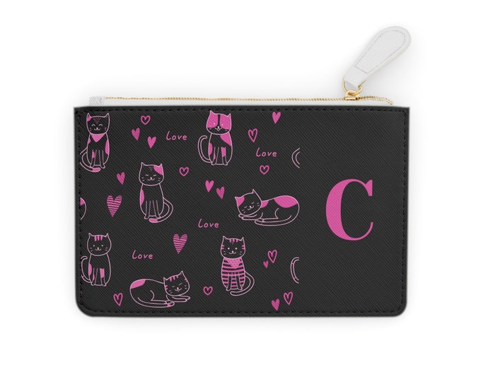 Pink Love Cats Black Wallet, Zippered, Personalized with C Initial, Mini Clutch