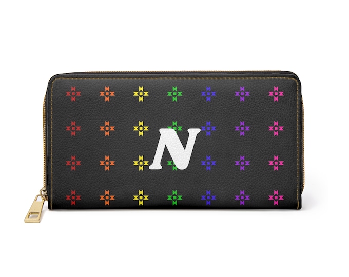 Rainbow Native Stars Wallet | Personalized Zipper Wallet with Initial N | Faux Leather Gift for Her | Colorful Indigenous Style Purse