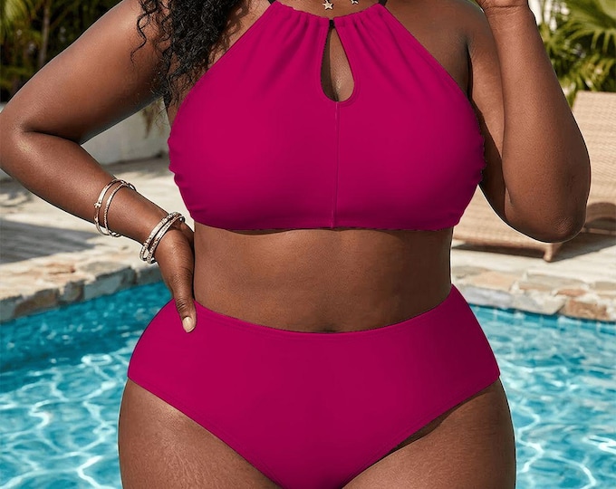 Fuchsia Plus Size High-Waisted Bikini Customized Services