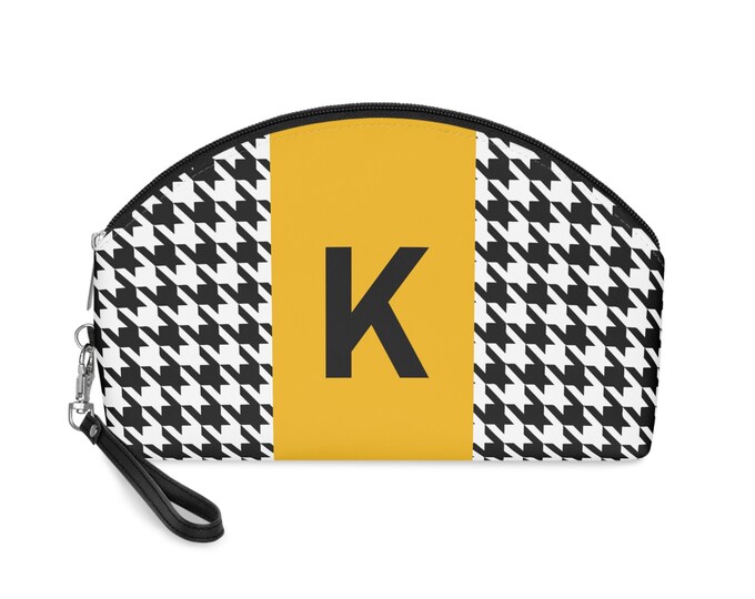 Marigold, Black, and White Houndstooth patterned Makeup Bag, Personalized with Initial K, Her Makeup bag, Initialized