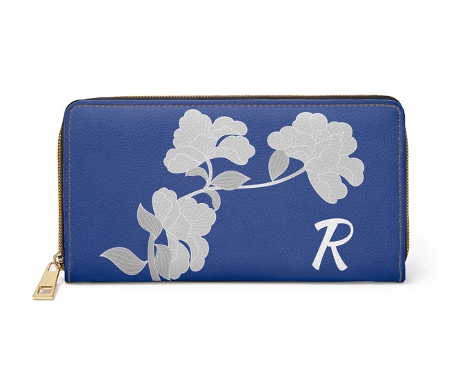 White and Blue Womens Floral Wallet, Personalized with your Initial, Zippered Wallet, Initial R