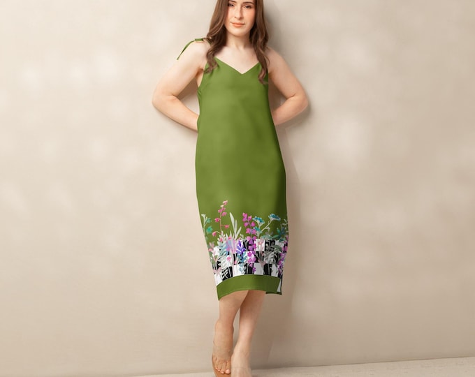 Warrior Olive Checkered Floral Midi Dress – Tie-Strap Sundress with Slit & Built-In Bra | Flowy Summer Dress Women’s
