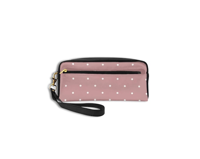 Minimalist Rectangular Leather Makeup Bag – White Polka Dots in Featherlight Pink, Compact Travel & Daily Organizer