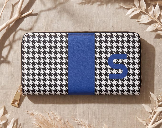 Blue Black Houndstooth Custom Zipper Wallet | Personalized with your Initial, A-Z