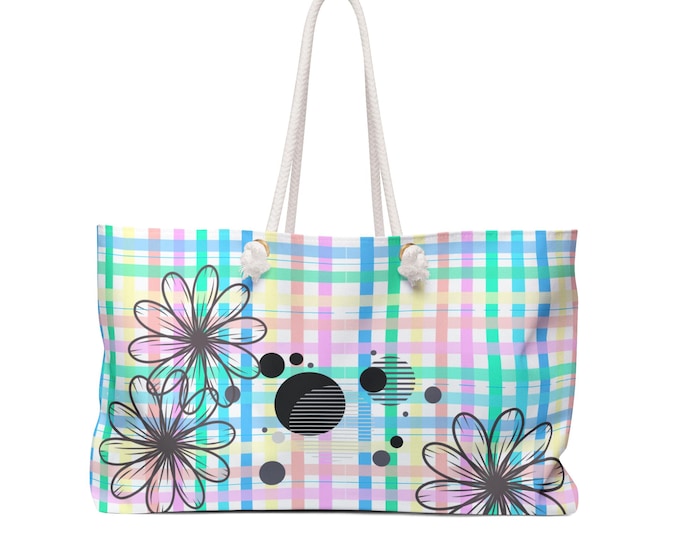 Pastel Plaid Floral Dots Weekender Bag | Plaid Tote for Travel