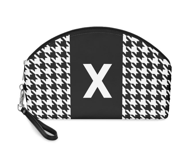 Black, and White Houndstooth patterned Makeup Bag, Personalized with Initial X, Her Makeup bag, Initialized
