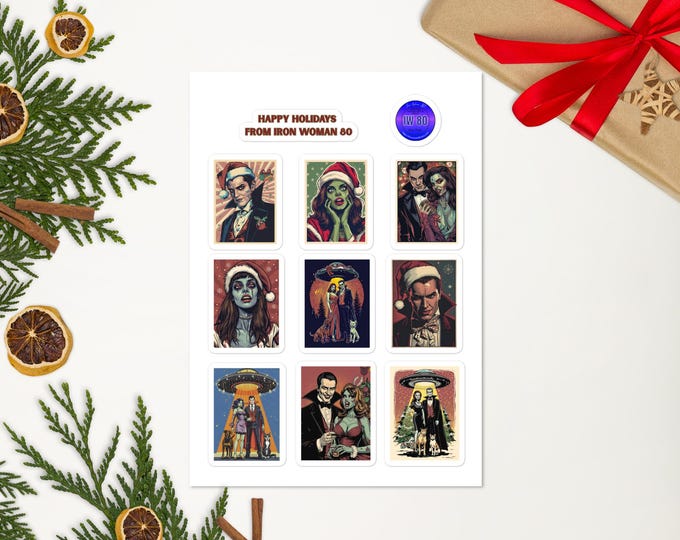 Zombie Woman and Vampire Man with Cat, Dog and UFO Christmas Sticker sheet