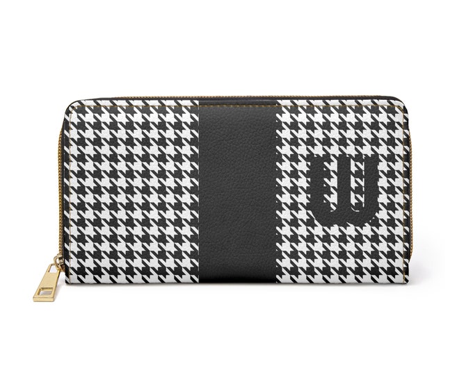 Houndstooth Black and White with Black, W Initialized Detail Womens Zippered Wallet