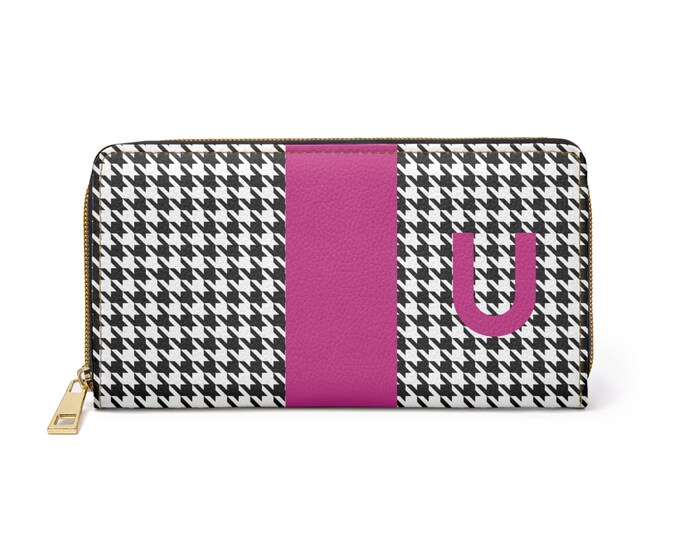 Houndstooth Black and White with Magenta U Initialized Detail Womens Zippered Wallet, Personalized Wallet, Initialized, Womens Wallet