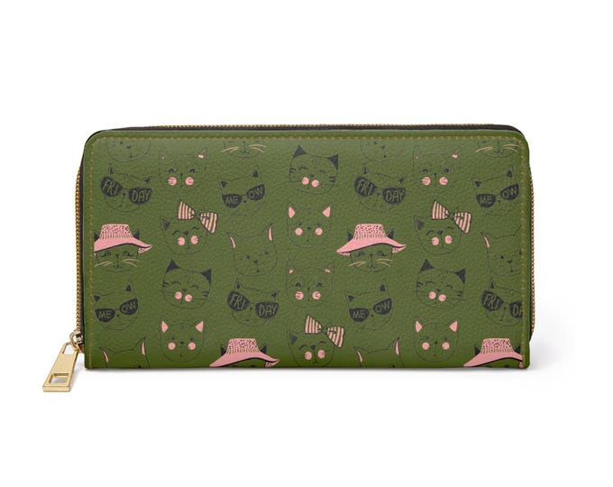 Cat Faces Pattern Zipper Wallet | Warrior Olive