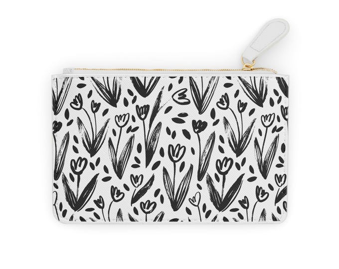 Hand-Drawn Black Tulip Pattern Mini Clutch Bag | Floral Pencil Sketch Design