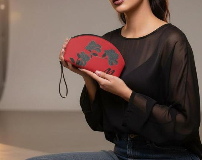 Red and Black Womens Floral Makeup Bag, Personalized with your Initial, Zippered Cosmetic Bag, Initial M