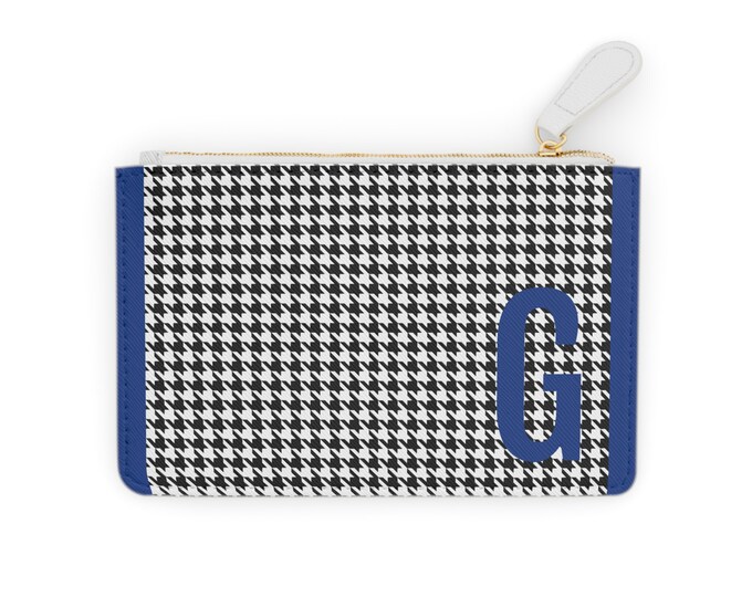 Houndstooth Blue Detail Initialized, G Initial, Personalized Mini Clutch Bag, Womens Zippered Card Holder