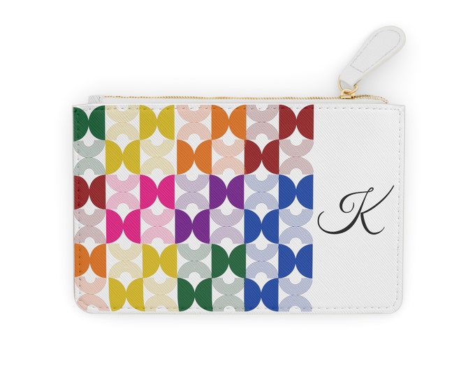 Personalized Womens Card Holder, Rainbow Mid Century Modern, White with Initial K, Mini Clutch Wallet