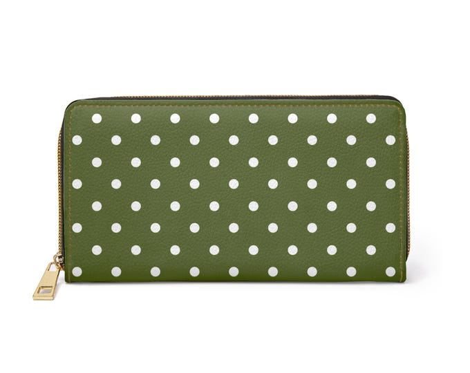 Warrior Olive Polka Dot Zipper Wallet | White Dots, Chic Pattern