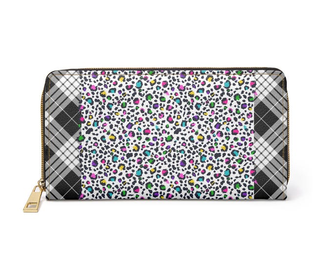 Colorful Leopard Print Zipper Wallet | Black White Plaid Accent