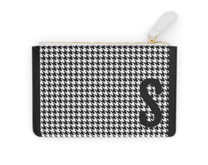 Houndstooth Black Detail Initialized, S Initial, Personalized Mini Clutch Bag, Womens Zippered Card Holder