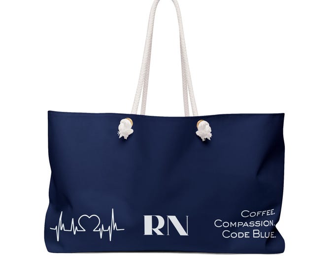 Heartbeat RN Navy Weekender Tote Bag | Nurse Wallet, Coffee Compassion Code Blue