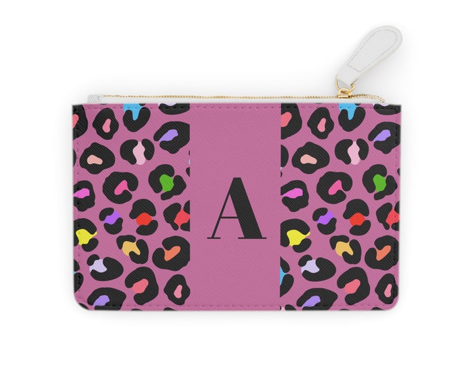 Pink Blush Rainbow Cheetah Patterned Womens Clutch, with Initial A-Z, Womens Wallet, Card Holder