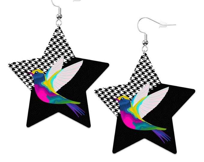Hummingbird Houndstooth Star Earrings: Black & White Faux Leather