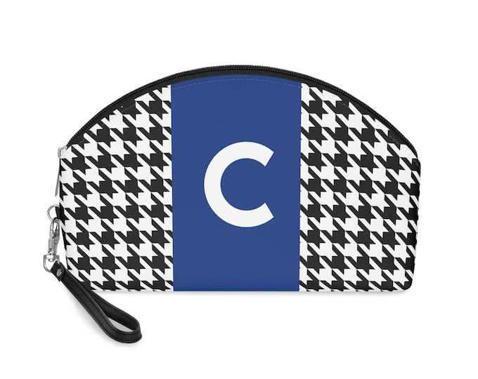 Blue, Black, and White Houndstooth patterned Makeup Bag, Personalized with Initial C, Her Makeup bag, Initialized