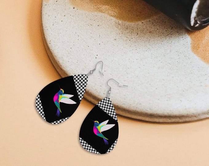 Hummingbird Houndstooth Teardrop Earrings, Lightweight Faux Leather Statement Jewelry, Silver Plated Hooks, Made Gift for Her, Iron Woman 80
