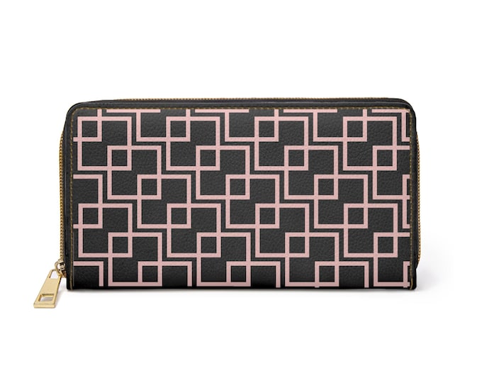 Geometric Pink Squares Zipper Wallet | Black & Rose Grid Pattern