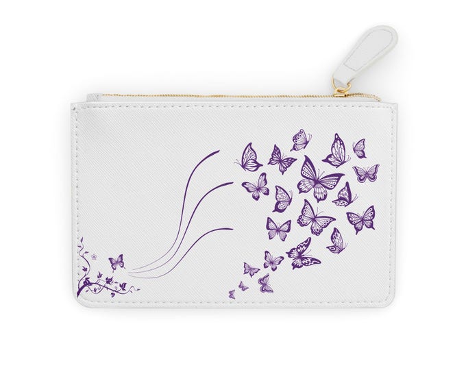 Purple and White Butterfly Swarm Mini Clutch Wallet | Floral Accent, Zipper Pouch