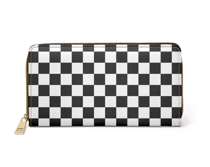 Black and White Checkered pattern Zipper Wallet