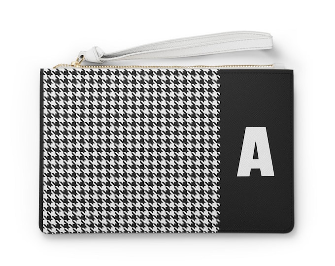 Black & White Houndstooth Initial Clutch A–E – Stylish Wristlet Bag, Trendy Accessory for Women
