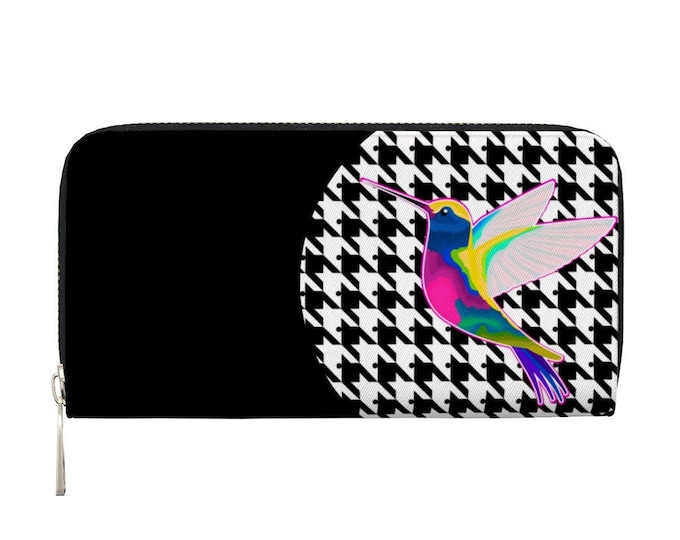 Hummingbird Houndstooth pattern Long Zipper Wallet