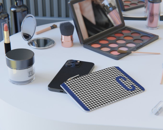 Houndstooth Blue Detail Initialized, C Initial, Personalized Mini Clutch Bag, Womens Zippered Card Holder