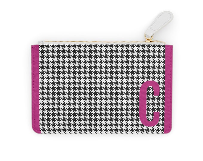 Houndstooth Magenta Initial C Mini Clutch Bag | Personalized Zippered Wallet | Vegan Card Holder | Gift for Her | Iron Woman 80