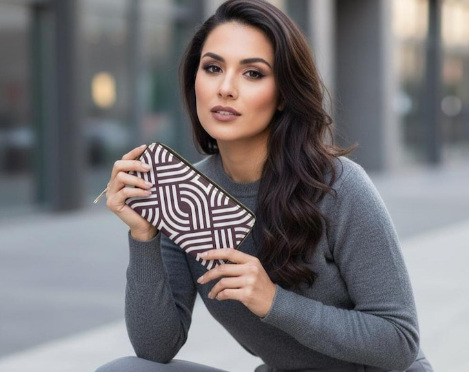 Geometric Interlocking Pattern Zipper Wallet | Burgundy and White Modern Abstract Lines