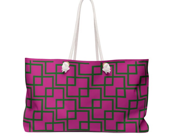 Geometric Square Pattern Weekender Bag | Pink Green Tote