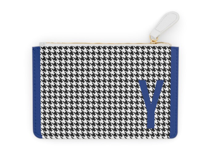Houndstooth Blue Detail Initialized, Y Initial, Personalized Mini Clutch Bag, Womens Zippered Card Holder