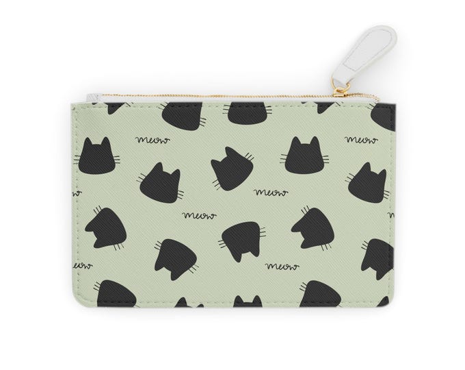 Black Cat Silhouette Pattern Mini Clutch Bag | Mint Background, Meow Print