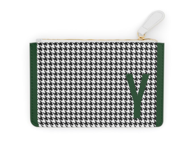 Houndstooth Forrest Green Detail Initialized, Y Initial, Personalized Mini Clutch Bag, Womens Zippered Card Holder