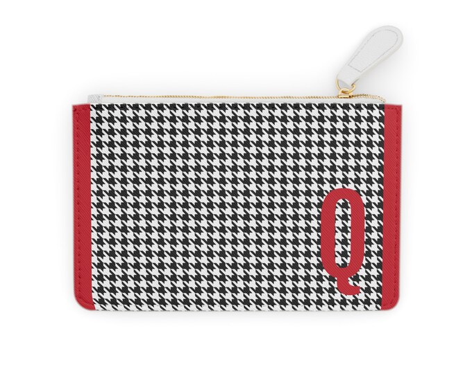 Red Q Initialized, Mini Clutch Card Holder, Red Initial Q with Black and White Design, Personalized Card Holder