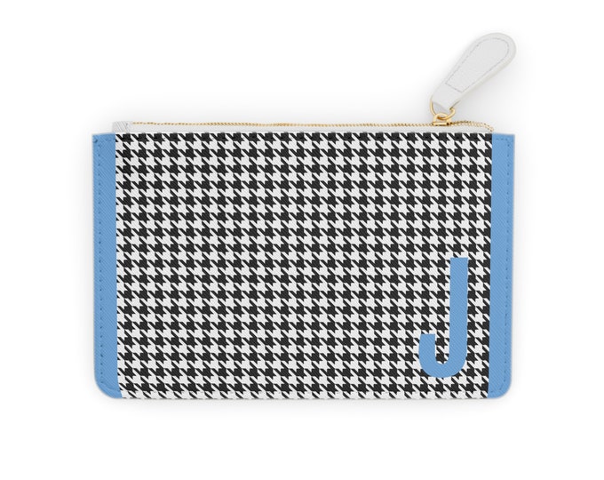 Mini Clutch Card Holder, Light Blue Initial with J Black and White Design, Personalized Card Holder