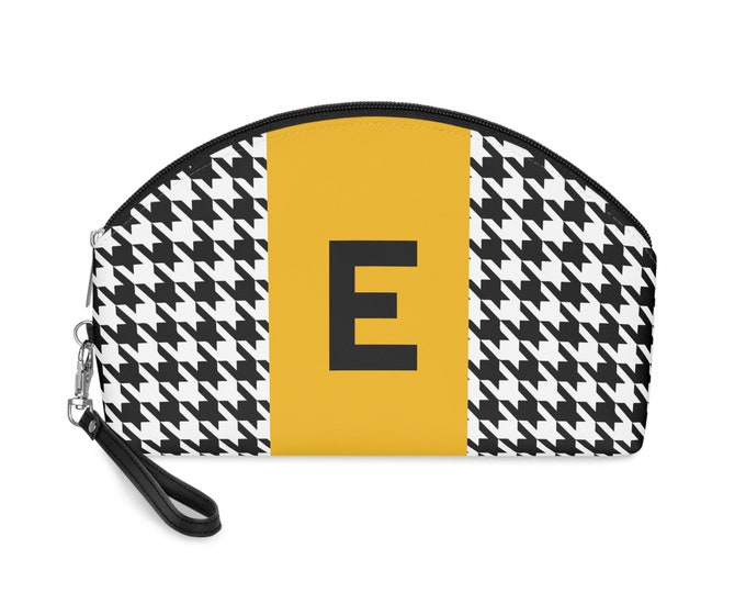 Marigold, Black, and White Houndstooth patterned Makeup Bag, Personalized with Initial E, Her Makeup bag, Initialized