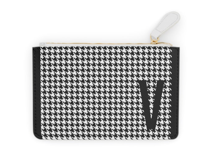 Houndstooth Black Mini Clutch – Personalized with Initial V | Vegan Leather Zippered Card Holder | Gift for Her | Stylish Mini Wallet