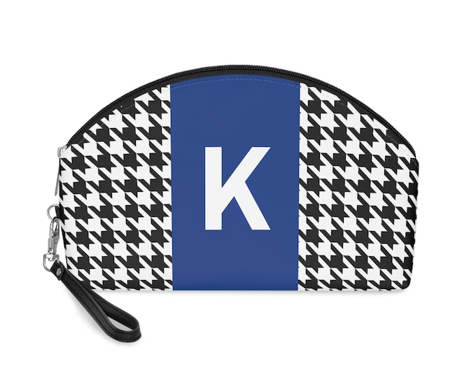 Blue, Black, and White Houndstooth patterned Makeup Bag, Personalized with Initial K, Her Makeup bag, Initialized