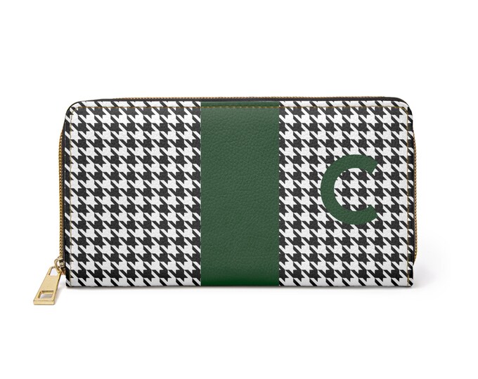 Houndstooth Black and White with Forrest Green, C Initialized Detail Womens Zippered Wallet