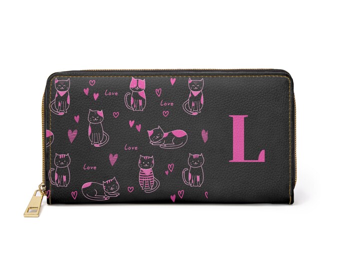 Pink Love Cats Black Zippered Wallet – Personalized with Initial L | Cruelty-Free Faux Leather | Gift for Her | Cute Cat Wallet for Women