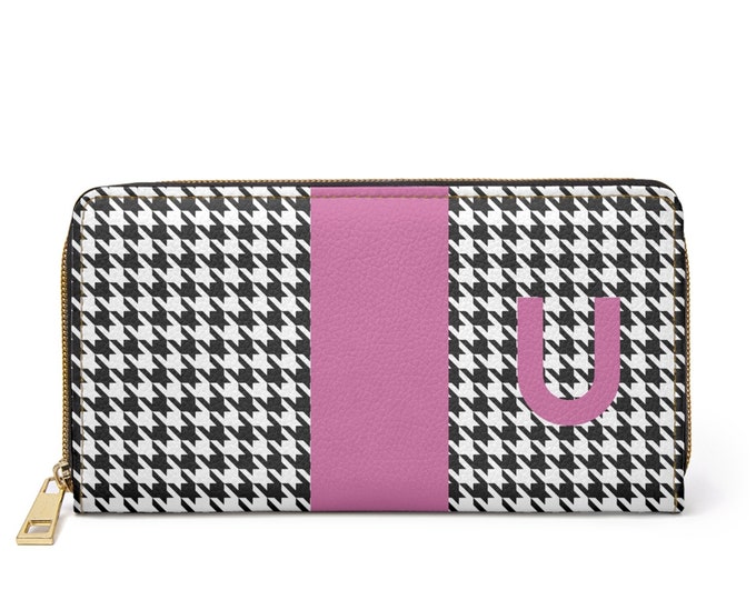 Houndstooth Black and White with Pink U Initialized Detail Womens Zippered Wallet, Personalized Wallet, Initialized, Womens Wallet
