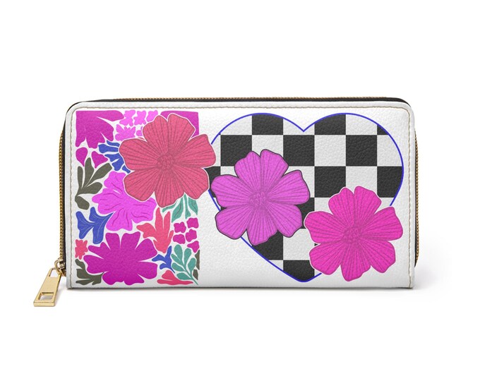 Checker Heart Floral White Zipper Wallet | Pink Purple Flowers