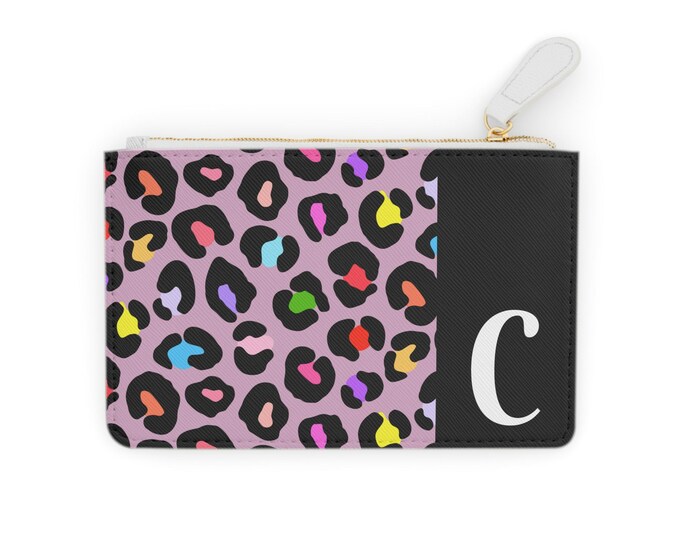 Rainbow Leopard Pattern Cardholder, Pink and Black with Initial C, Mini Clutch Bag